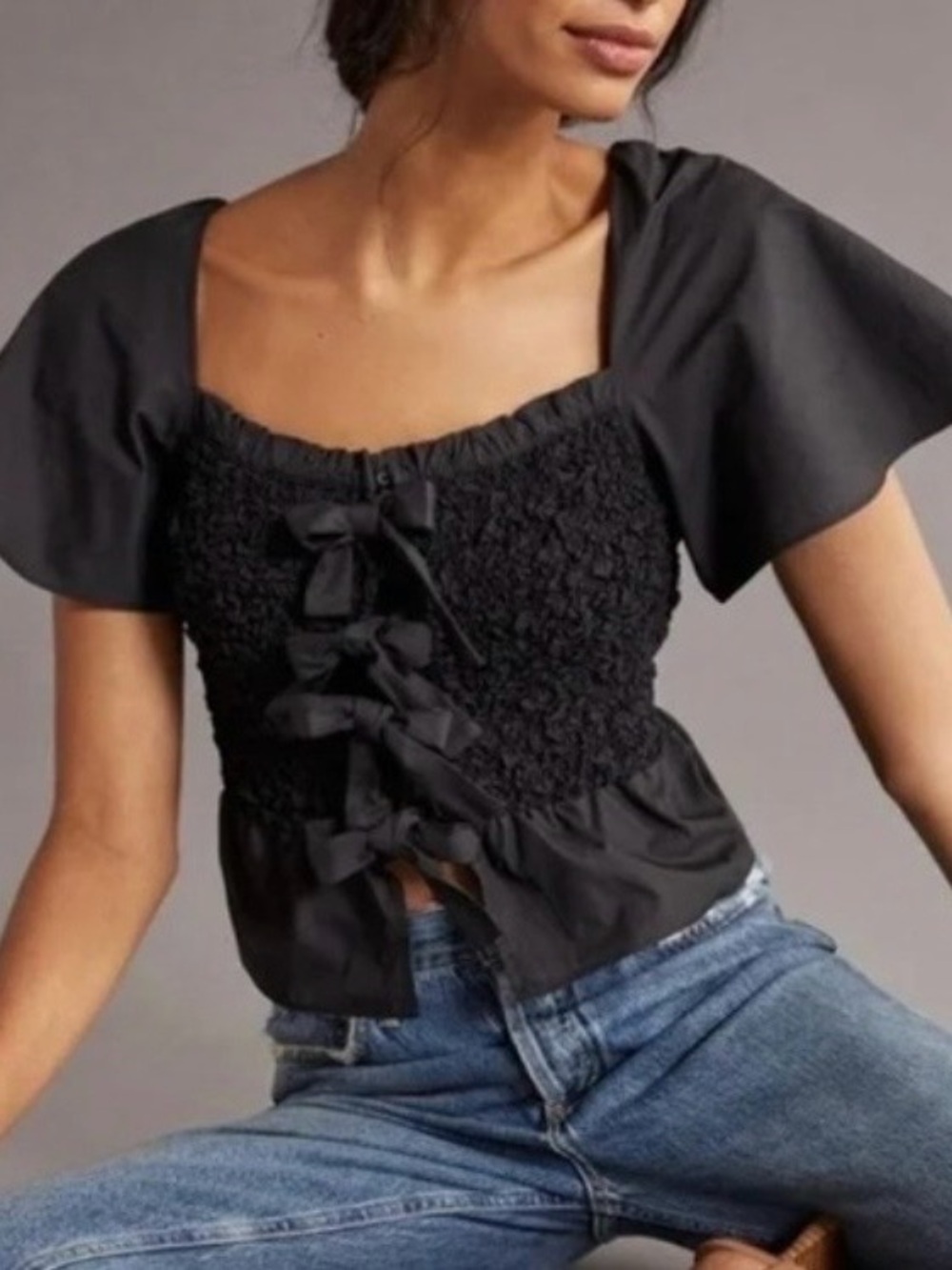 Mare Mare x Anthropologie Black Smocked Crop Top XS